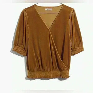 Madewell Mustard Velvet Smocked Crossover Top Size Small
